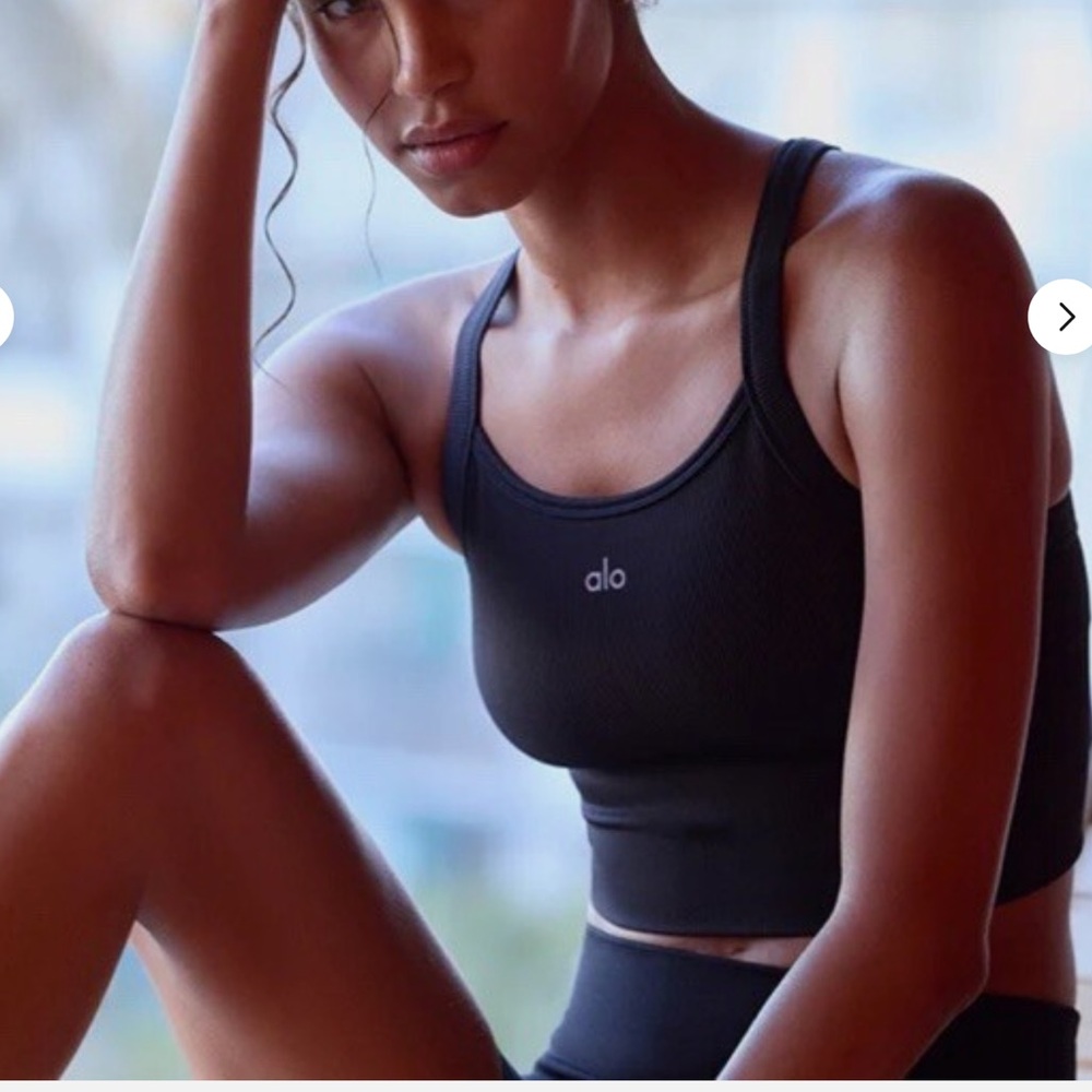 Alo Yoga Seamless Ribbed Favorite Sports Bra Tank Top Black Logo Size Small - Picture 2 of 11